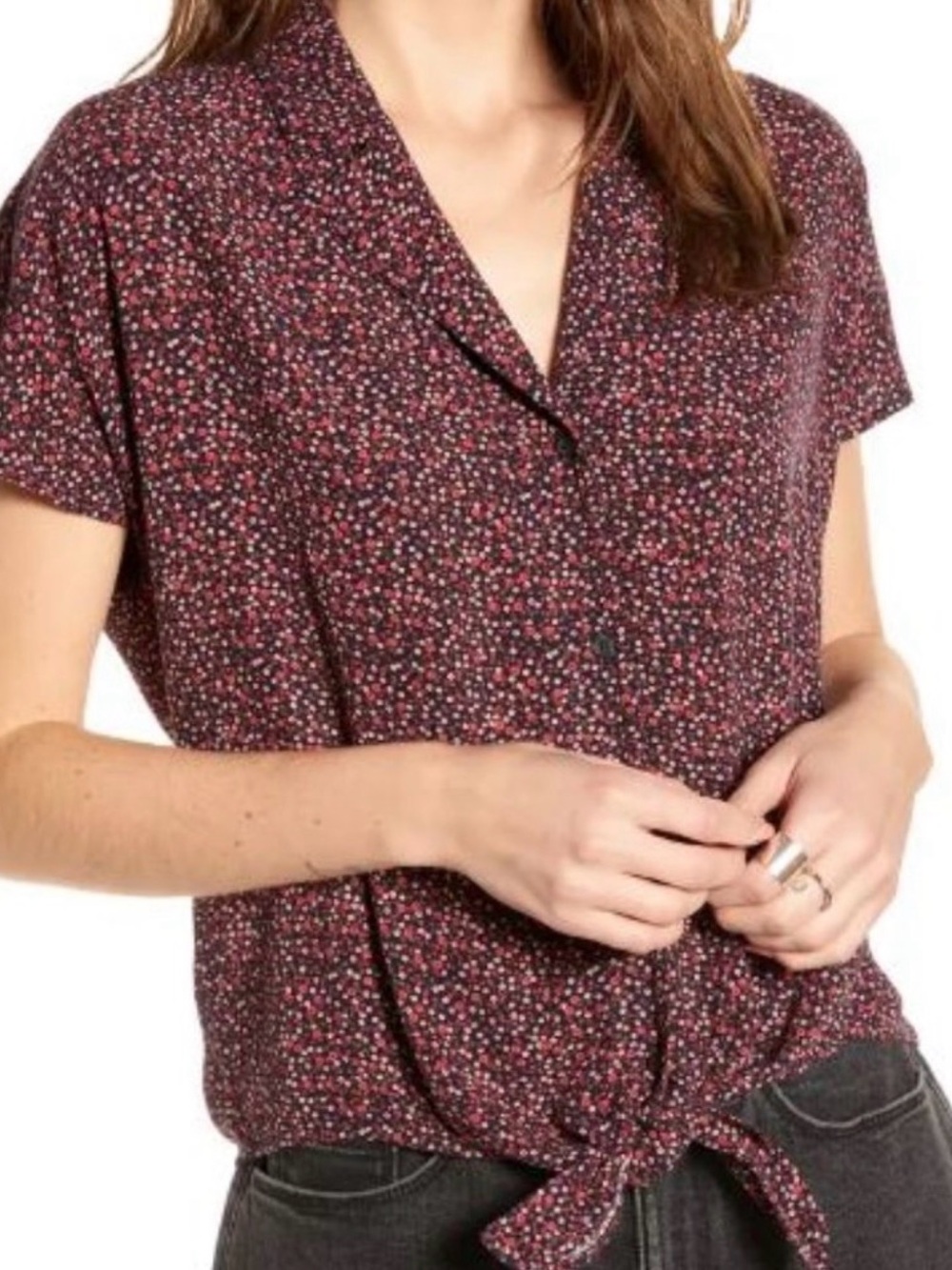 Treasure & Bond Burgundy Floral Tie-Front Blouse